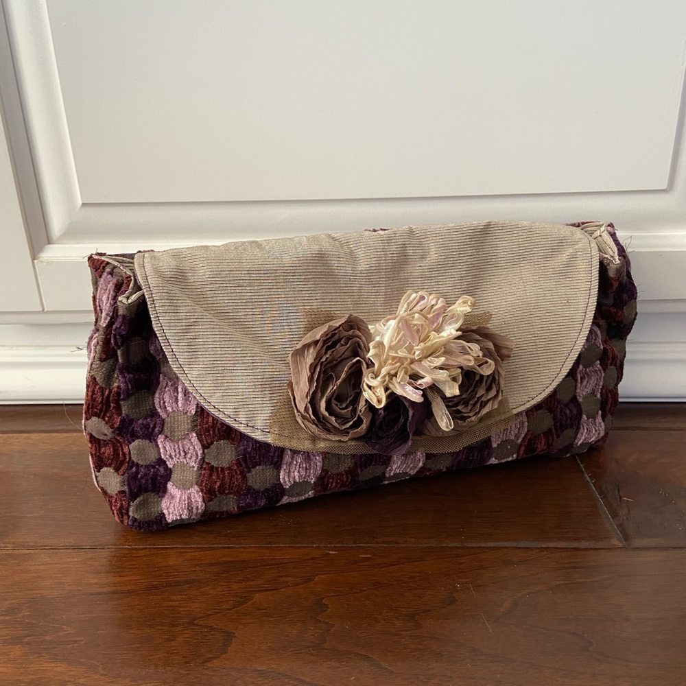 Handmade Fabric, Clutch Purse, Purple & Taupe